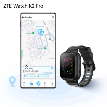 ZTE Watch K2 Pro smartur til børn sort analog urskive viser placering, sikkerhed, historik og SOS-knap på farverig skærm.