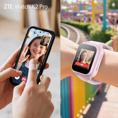 ZTE Watch K2 Pro sort smartur til børn vises aktivt under videoopkald, modelnavn "ZTE Watch K2 Pro" ses øverst.