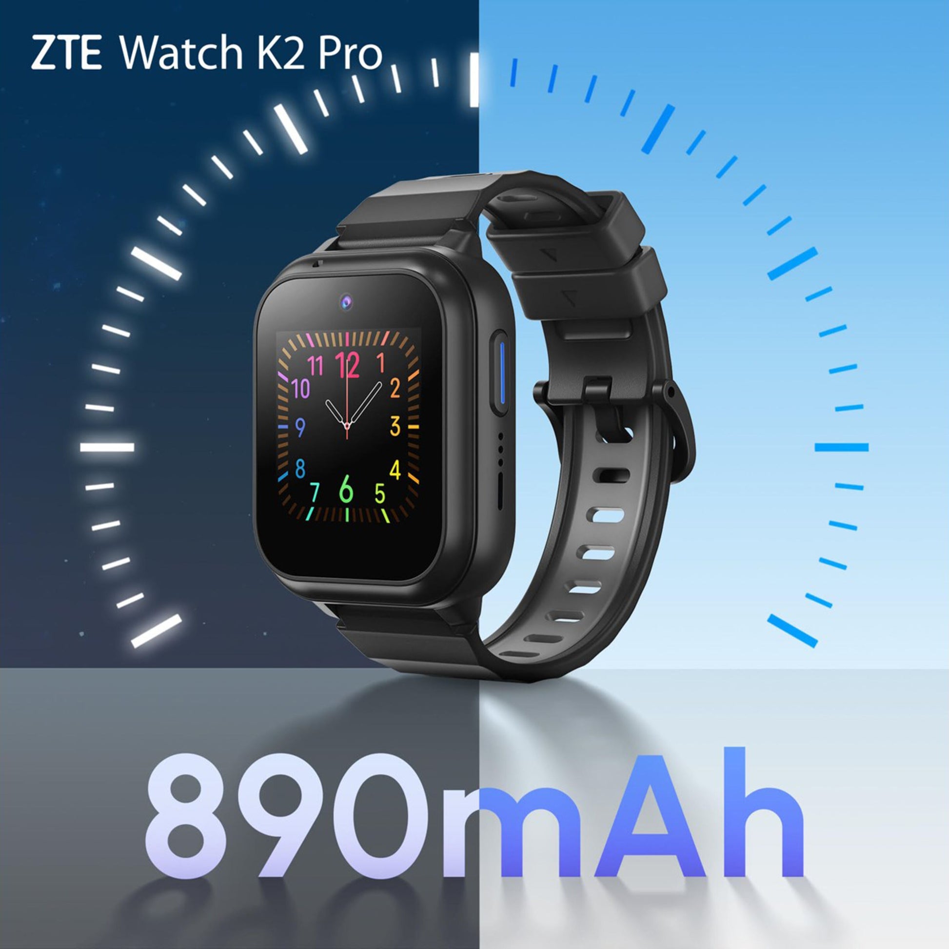 Zte Watch K2 Pro smartur til børn sort med farverig urskive, nat/dag-baggrund, animeret tid og 890mAh visning.