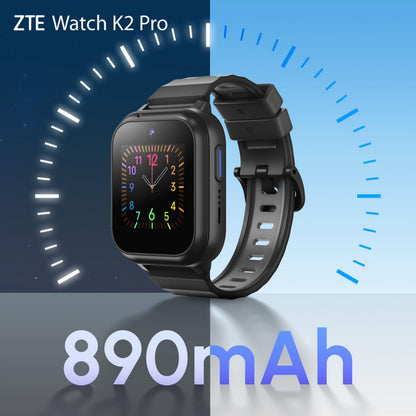 Zte Watch K2 Pro smartur til børn sort med farverig urskive, nat/dag-baggrund, animeret tid og 890mAh visning.