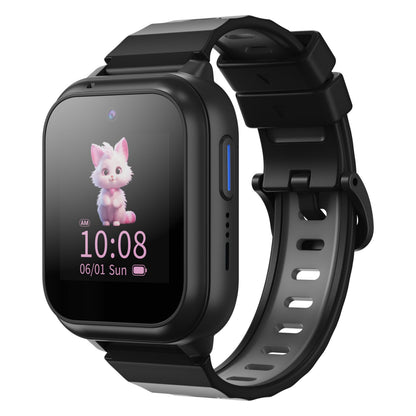 ZTE Watch K2 Pro smartur til børn sort, rektangulær skærm viser 10:08 06/01 Sun og lyserød kat, justerbar rem, 4G GPS, SOS-knap.