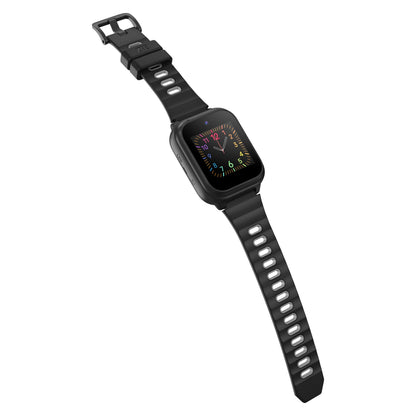 ZTE Watch K2 Pro smartur til børn sort med farverig analog urskive, flerfarvet tal, sort sportsrem med hvide ventilationshuller.