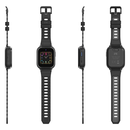 ZTE Watch K2 Pro børnesmartur sort, SOS-knap, kvadratisk farvedisplay med tal, sort silikonerem med huller, vises fra flere vinkler.