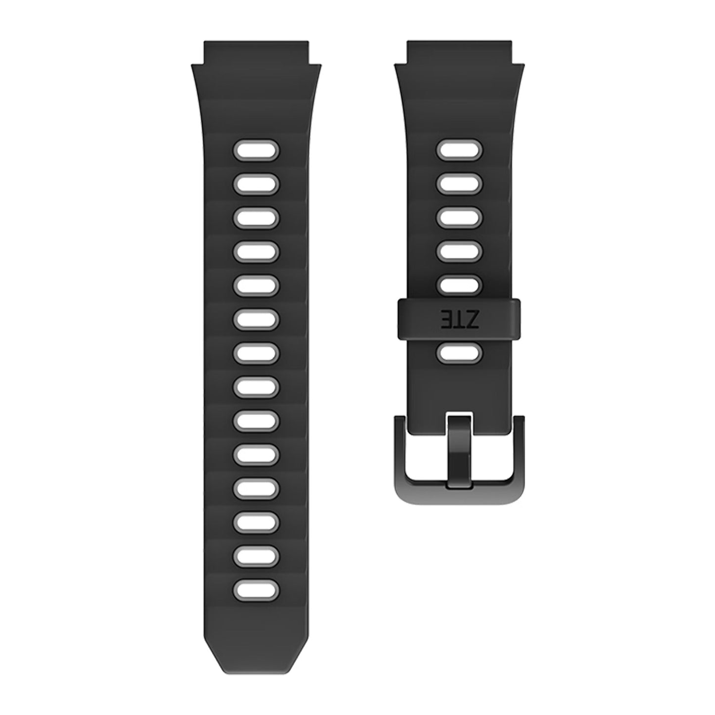 Sort ZTE silikone urrem til K2/K2 Pro, ét remstykke med justeringshuller og et med spænde og ZTE-logo på løkke.