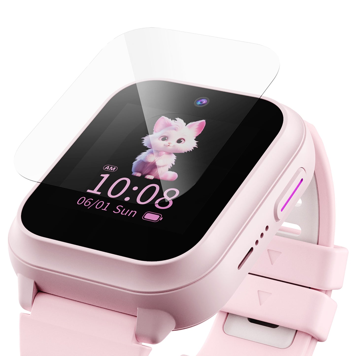 ZTE Watch K2/K2 Pro lyserød smartwatch med skærmbeskyttelse, klokkeslæt 10:08, dato 06/01, og kattemotiv på displayet.