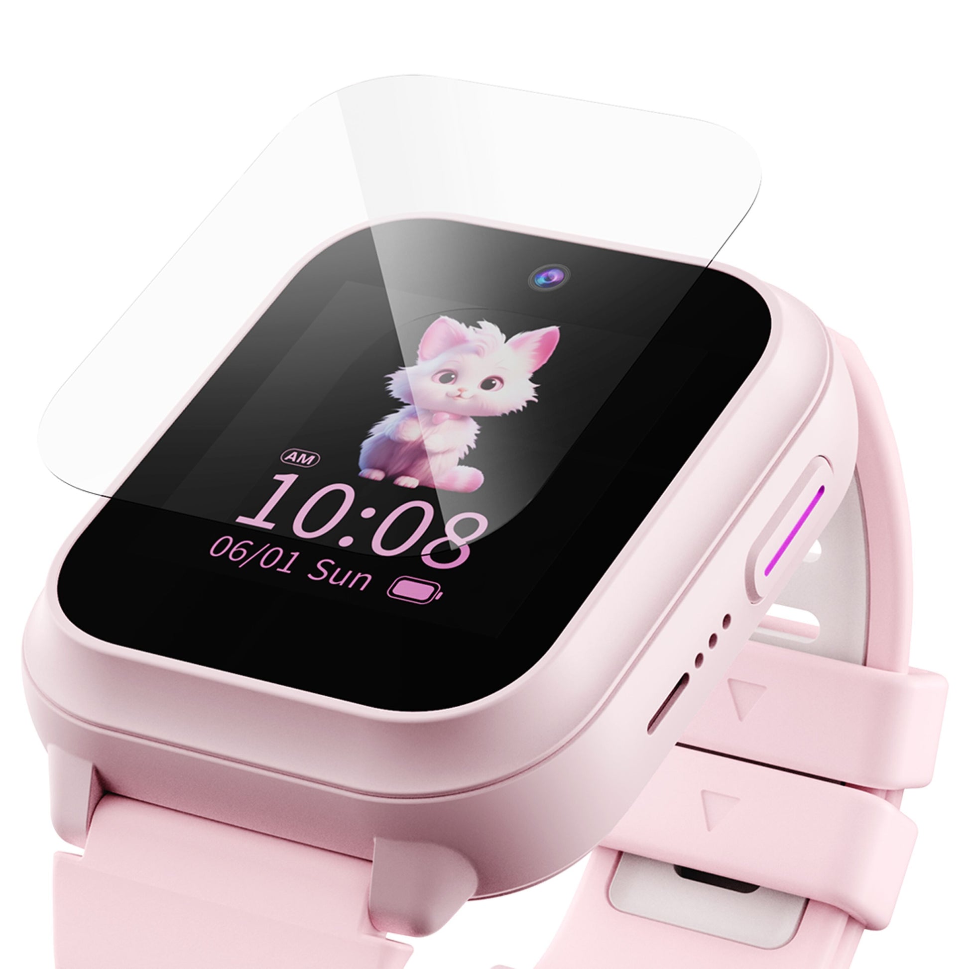 ZTE Watch K2/K2 Pro lyserød smartwatch med skærmbeskyttelse, klokkeslæt 10:08, dato 06/01, og kattemotiv på displayet.