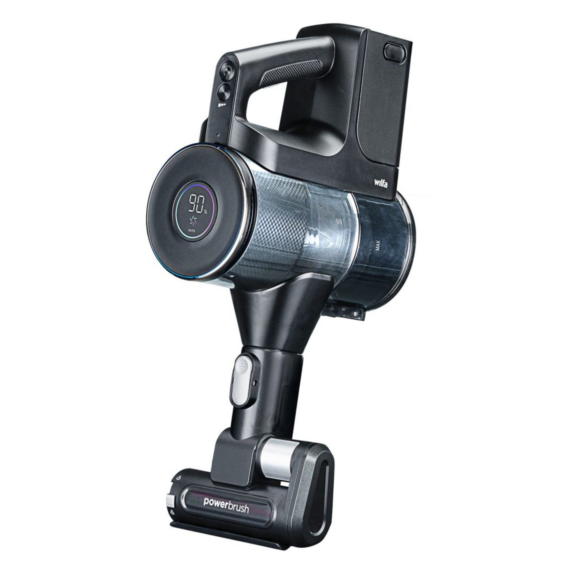 Wilfa Innovac Xceed ledningsfri skaftstøvsuger med transparent støvholder, powerbrush og digitalt side-display med tallet 90.