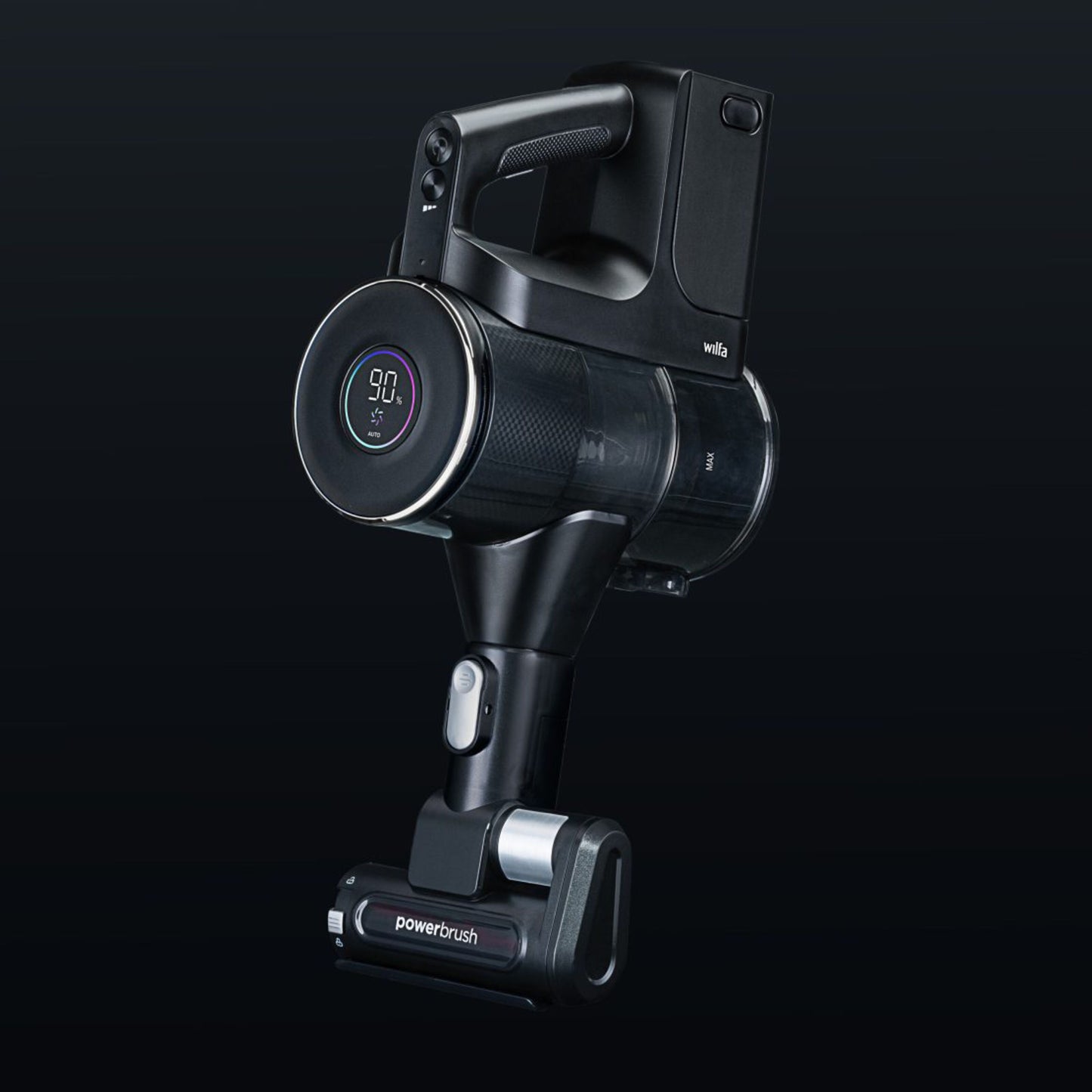 Wilfa Innovac Xceed ledningsfri skaftstøvsuger med digitalt display (90, ECO), gennemsigtig støvbeholder og powerbrush.