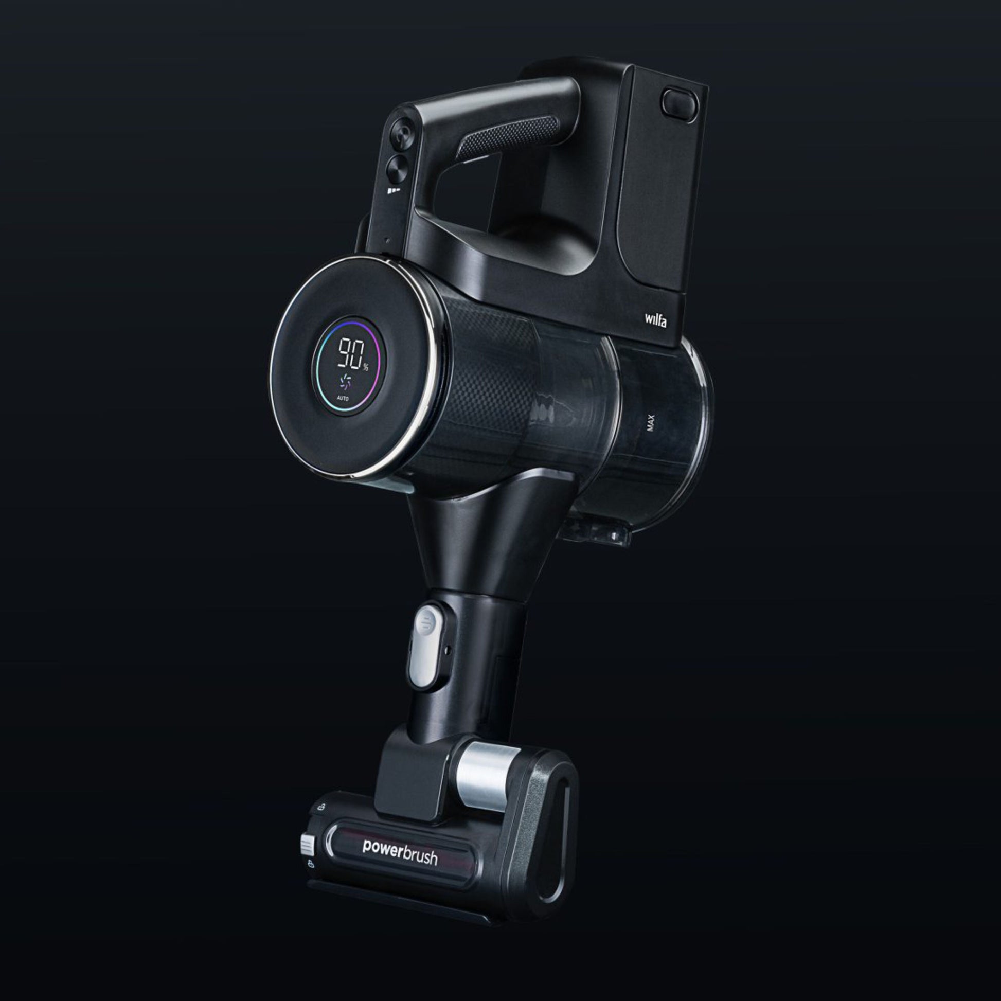 Wilfa Innovac Xceed ledningsfri skaftstøvsuger med digitalt display (90, ECO), gennemsigtig støvbeholder og powerbrush.