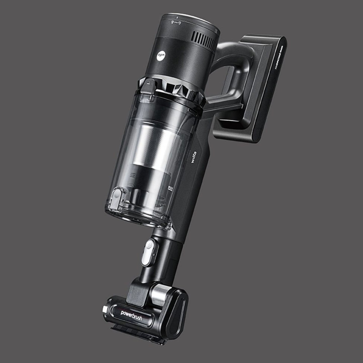 Wilfa Innovac Modo Switch skaftstøvsuger sort, gennemsigtig støvbeholder og powerbrush-tilbehør.