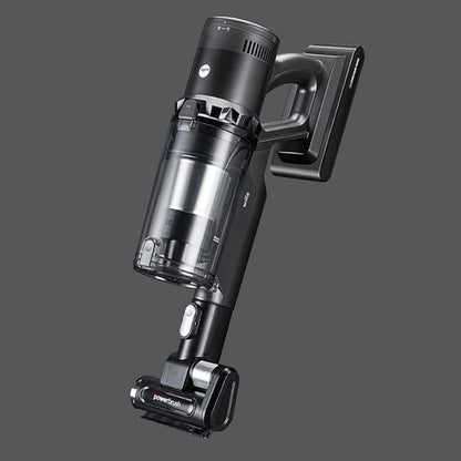 Wilfa Innovac Modo Switch skaftstøvsuger sort, gennemsigtig støvbeholder og powerbrush-tilbehør.