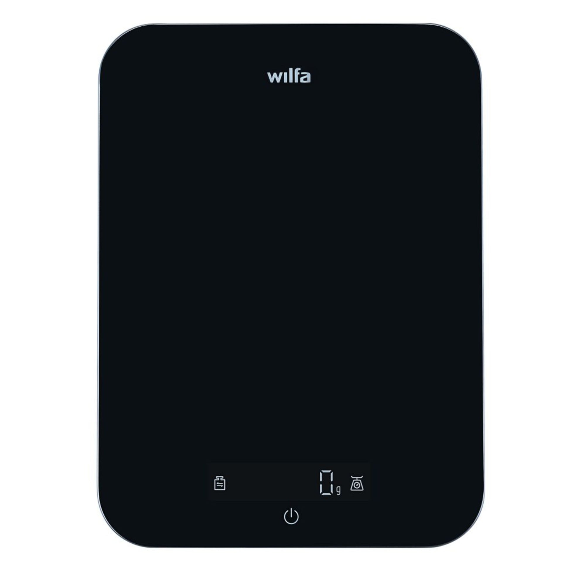 Wilfa Max køkkenvægt 10 kg sort, rektangulær med afrundede hjørner, lille display og Wilfa-logo øverst.