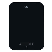 Wilfa Max køkkenvægt 10 kg sort, rektangulær med afrundede hjørner, lille display og Wilfa-logo øverst.