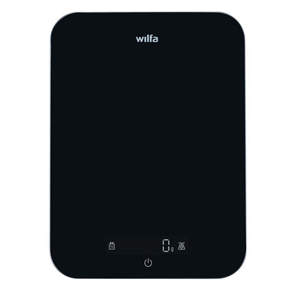 Wilfa Max køkkenvægt 10 kg sort, rektangulær med afrundede hjørner, lille display og Wilfa-logo øverst.