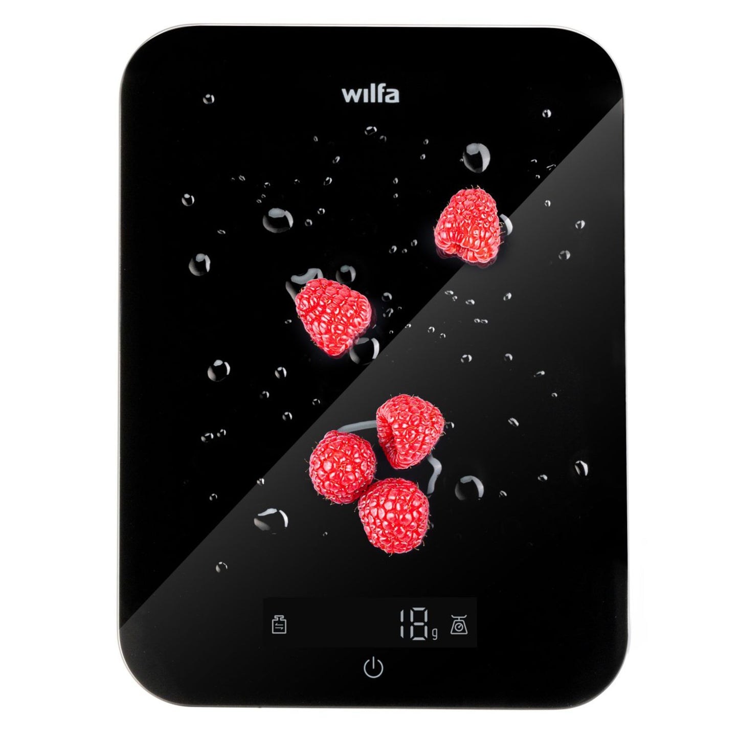 Wilfa Max køkkenvægt 10 kg sort, display viser 18 g, logo øverst, vægten med hindbær og vanddråber.