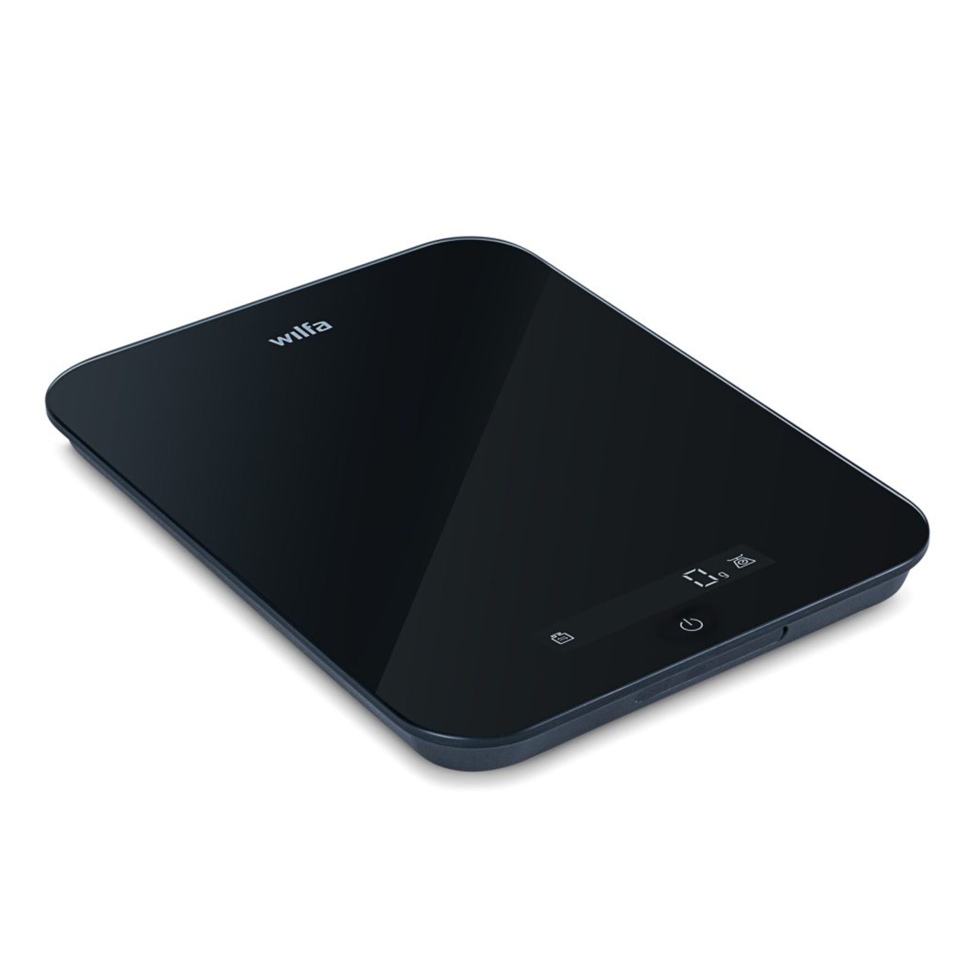 Wilfa Max køkkenvægt 10 kg sort med glasoverflade, touchknapper, lille digitalt display og afrundede kanter.
