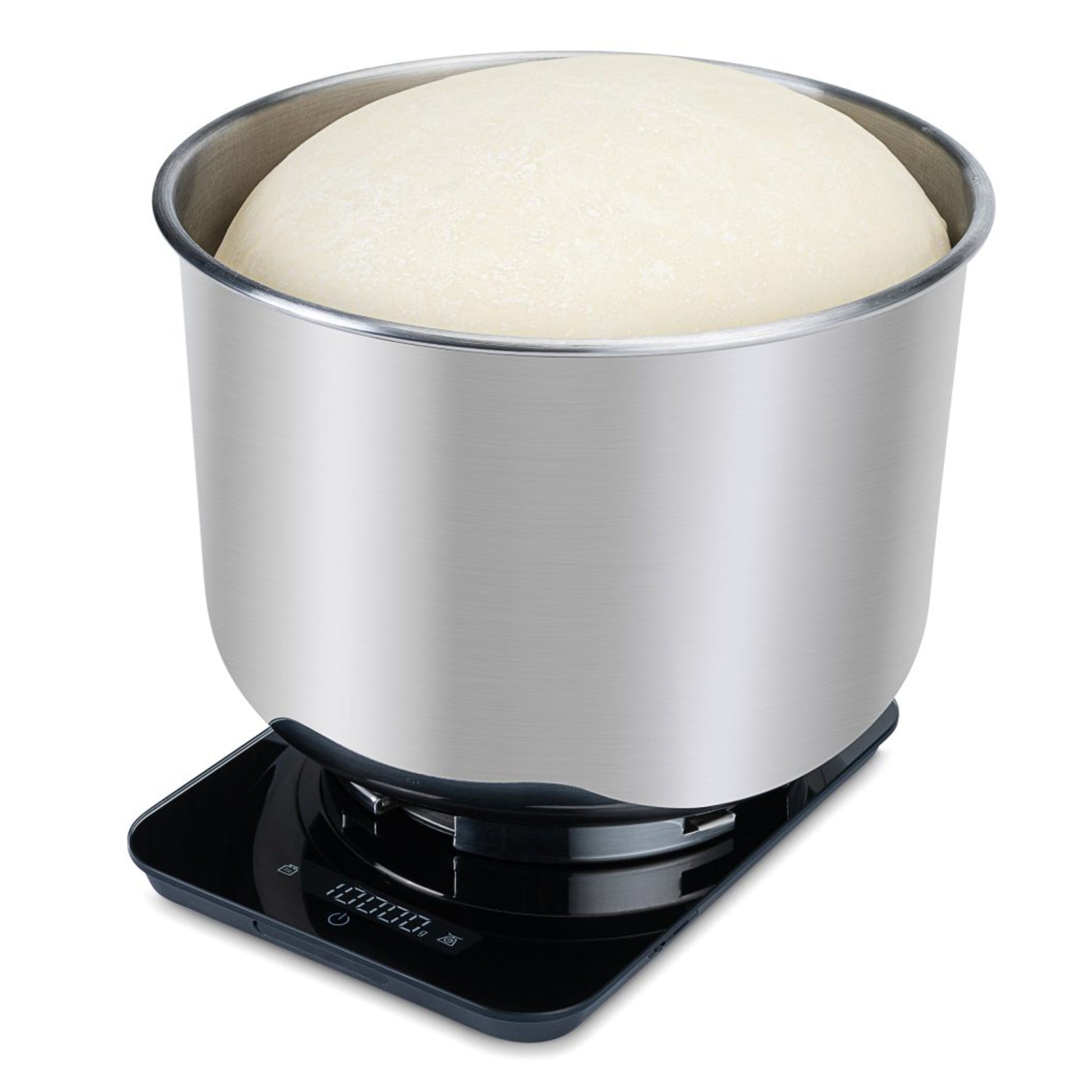 Wilfa Max køkkenvægt 10 kg med sort overflade og oplyst display, stor røreskål i rustfrit stål med hævet dej.