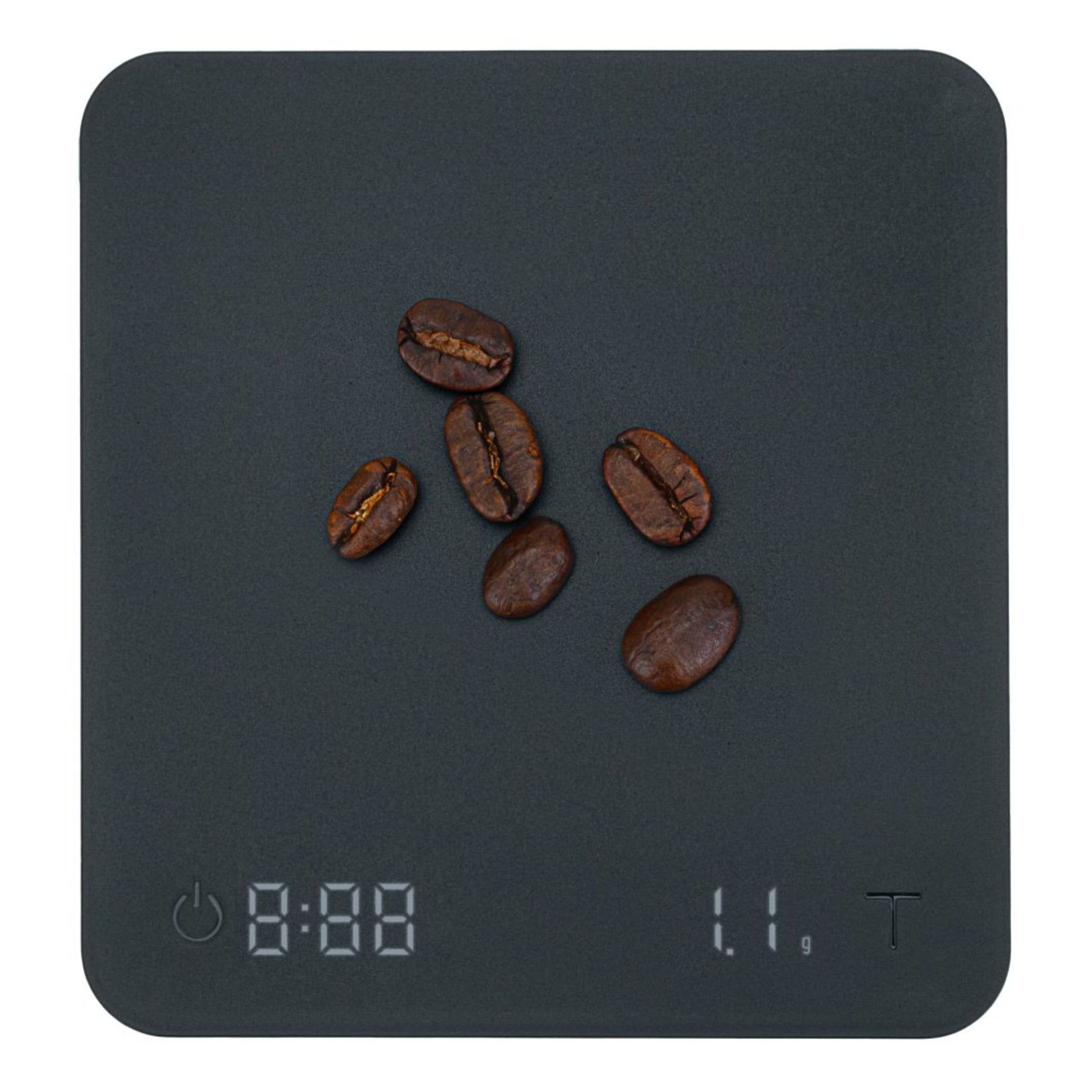 Wilfa Uni Mini kaffevægt mørk overflade, display viser 1,1 gram kaffe, strøm- og tare-knapper nederst.
