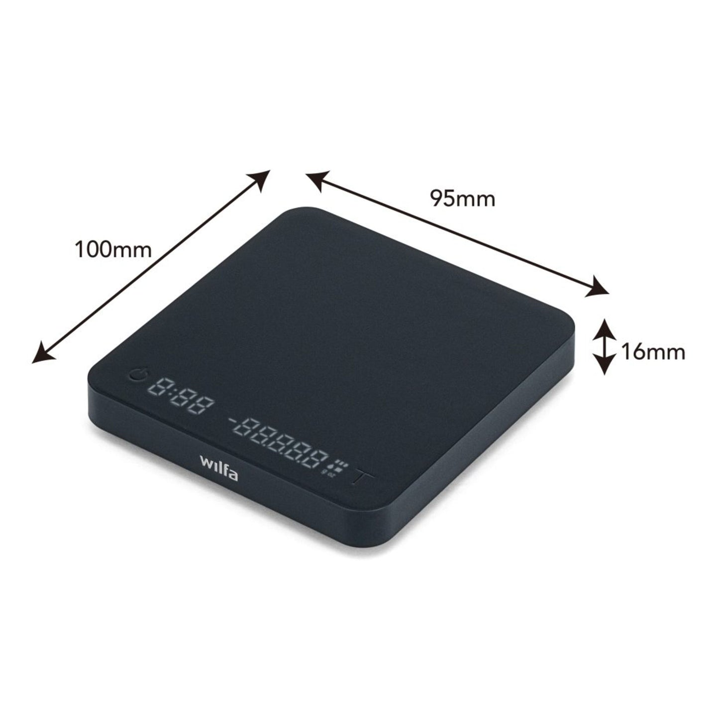Wilfa Uni Mini sort kaffevægt 100x95x16mm med digitalt display og Wilfa-logo på fronten.