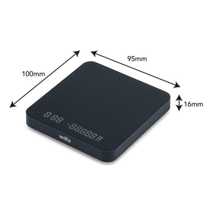 Wilfa Uni Mini sort kaffevægt 100x95x16mm med digitalt display og Wilfa-logo på fronten.