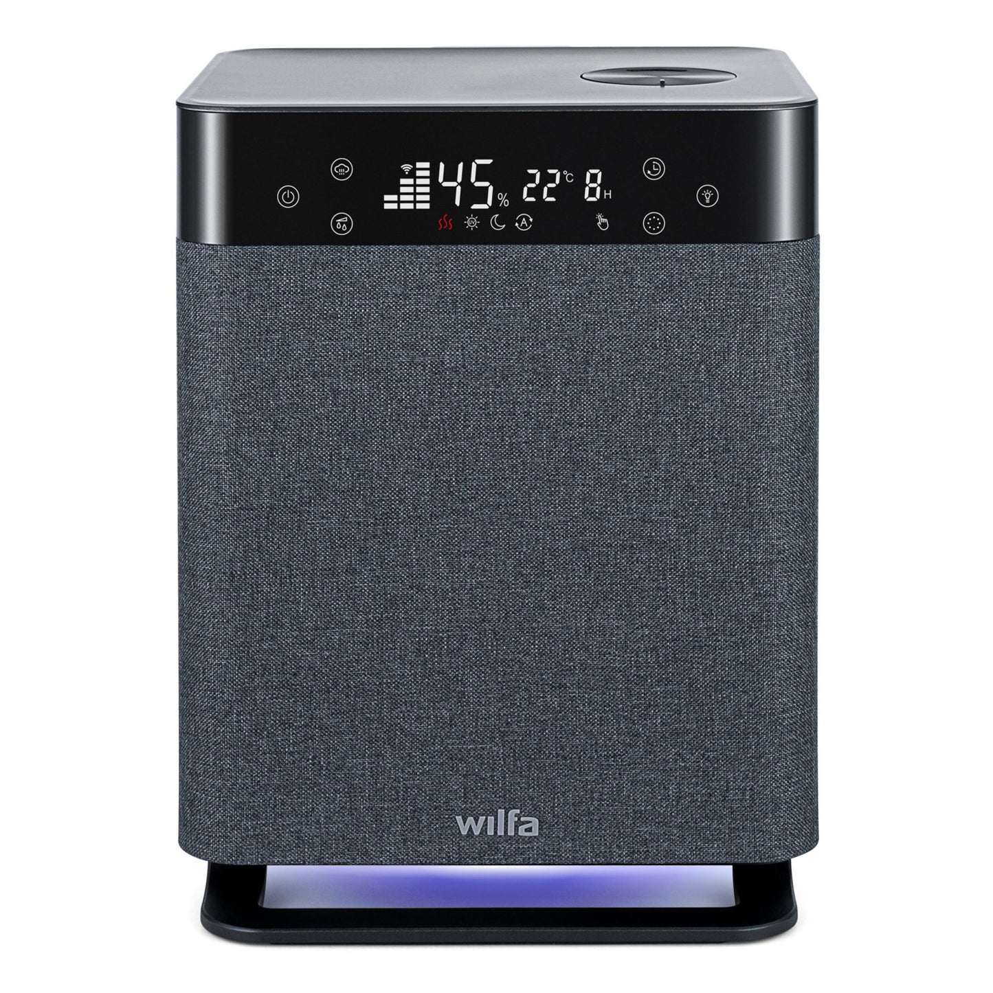 Wilfa Dew TX450 luftfugter sort/grå med stof foran, digitalt display 45, 22°C, panelikoner og blåt lys nederst.