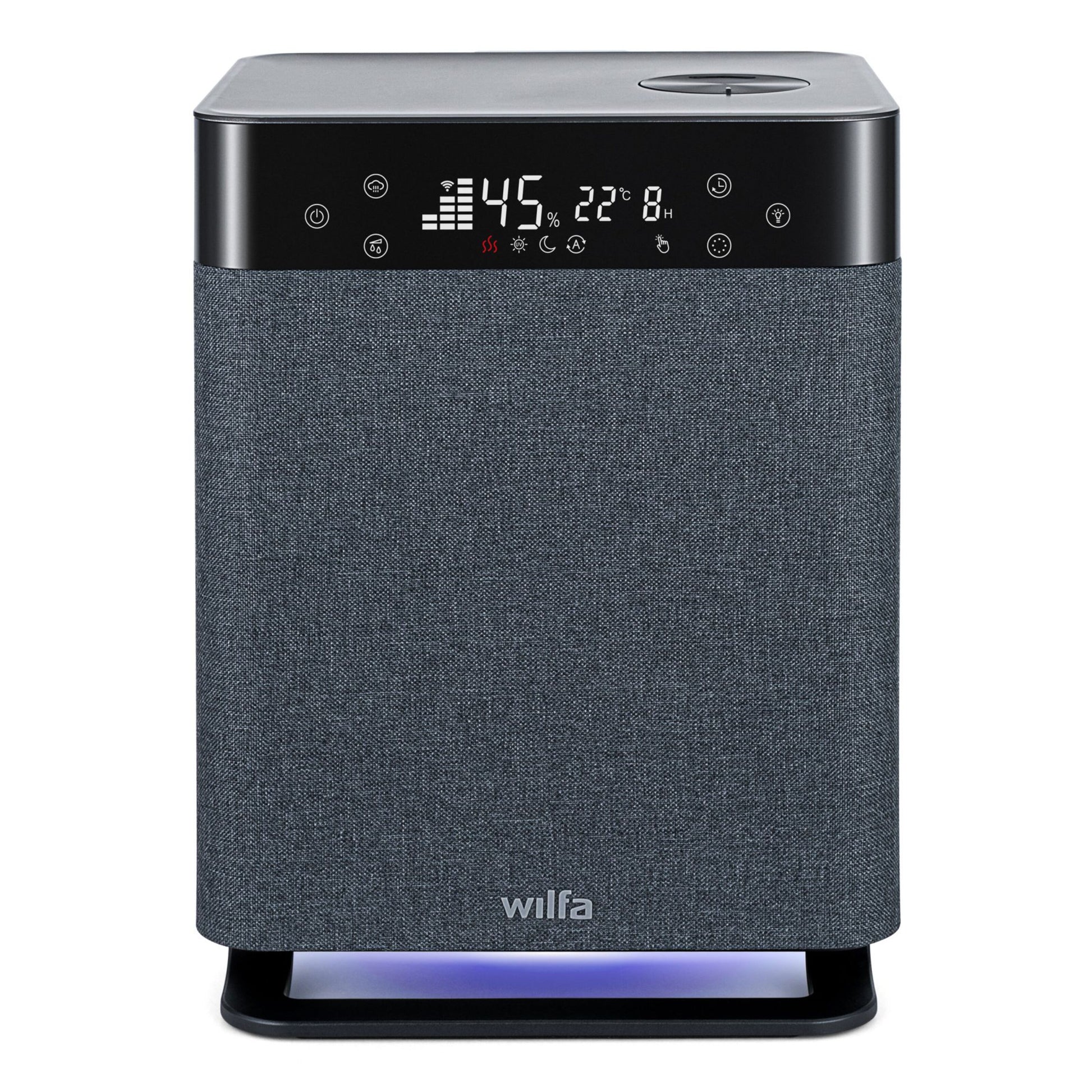 Wilfa Dew TX450 luftfugter sort/grå med stof foran, digitalt display 45, 22°C, panelikoner og blåt lys nederst.