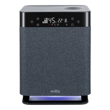 Wilfa Dew TX450 luftfugter sort/grå med stof foran, digitalt display 45, 22°C, panelikoner og blåt lys nederst.