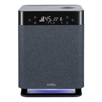 Wilfa Dew TX450 luftfugter sort/grå med stof foran, digitalt display 45, 22°C, panelikoner og blåt lys nederst.
