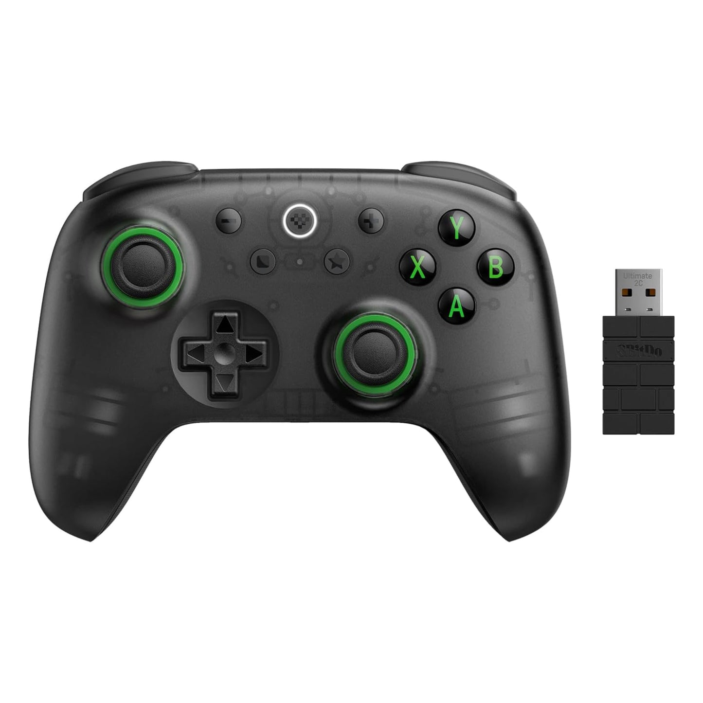 8Bitdo Ultimate 2C trådløs controller Transparent Sort med Hall Effect, standard knapper, D-pad, grønne analoge sticks, USB-dongle.