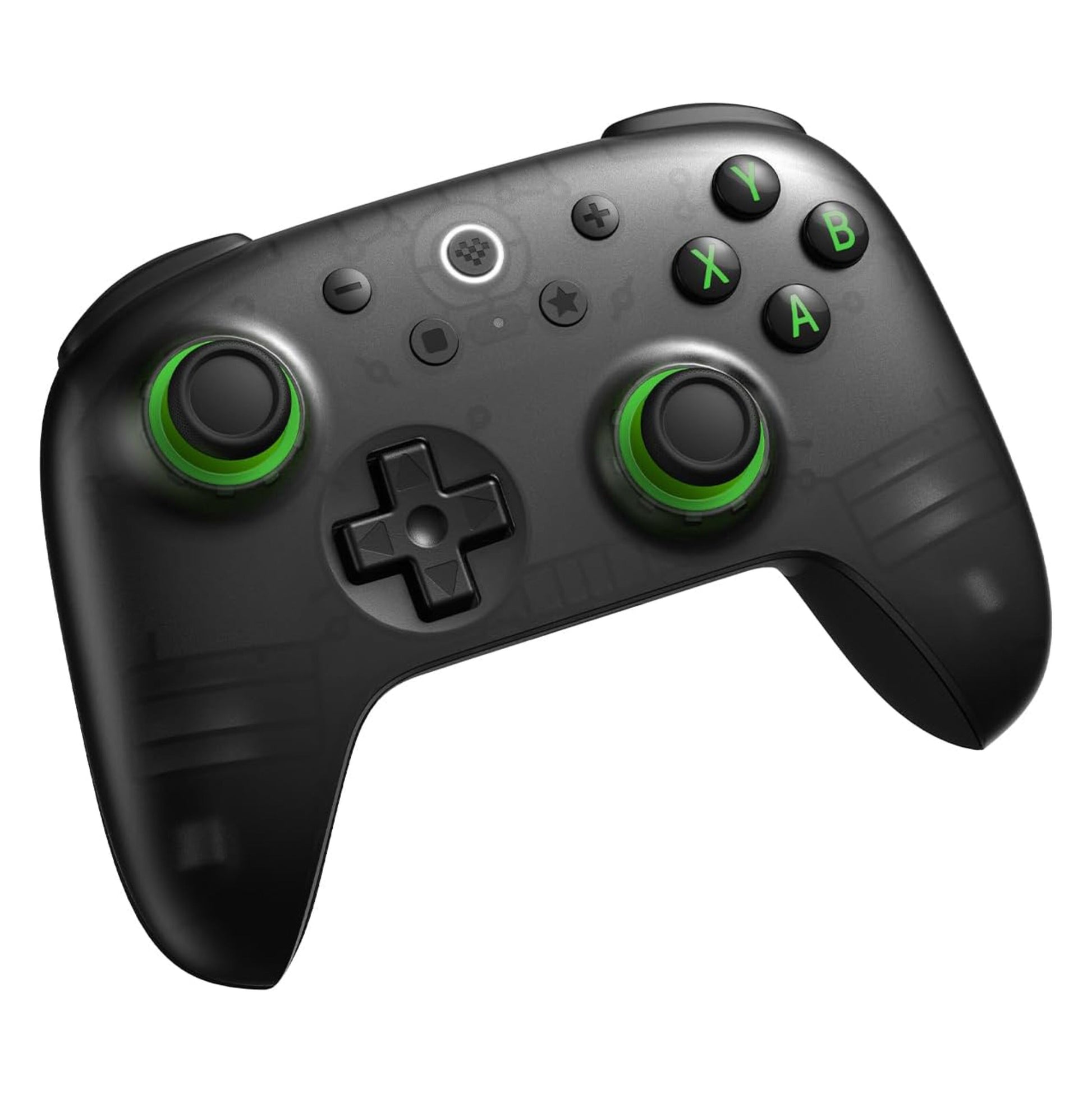 8Bitdo Ultimate 2C trådløs controller Transparent Sort med grønne detaljer ved analogsticks, standardknapper, Hall Effect-teknologi.
