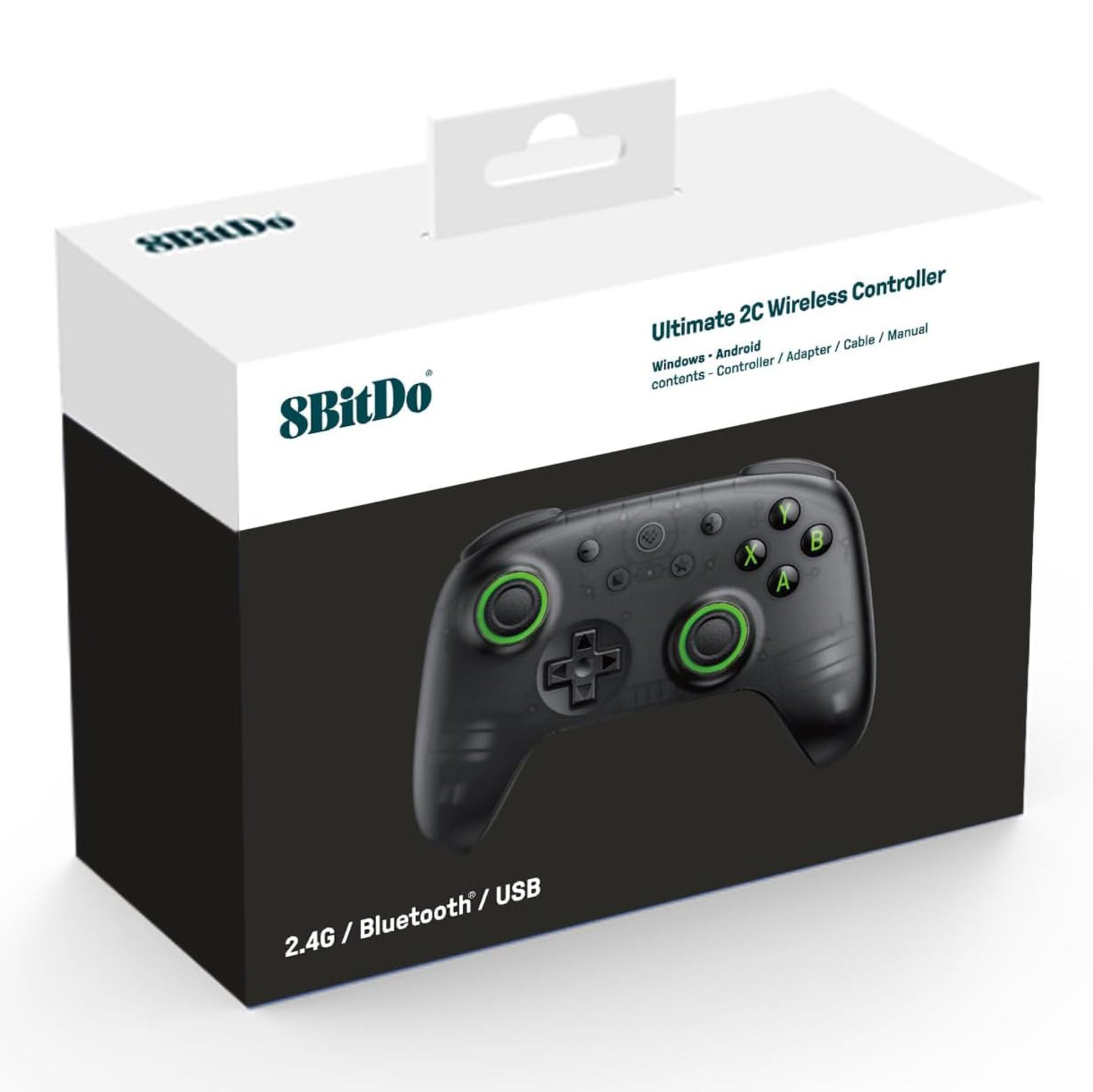 8Bitdo Ultimate 2C trådløs controller Transparent Sort med grønne detaljer, Hall Effect, til Windows/Android via 2.4G, Bluetooth, USB.