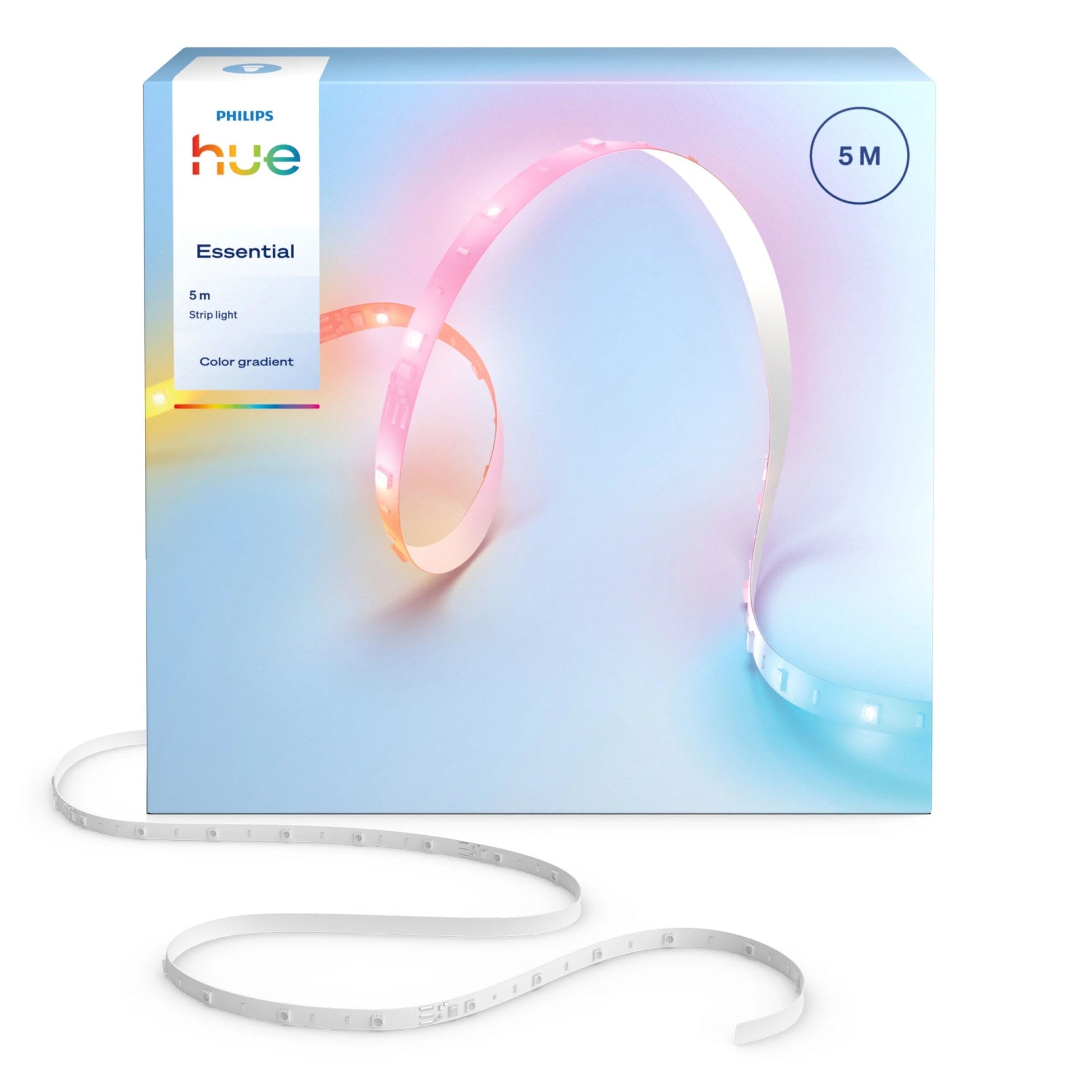 Philips Hue Essentiel LED-list 5 m i æske med gradientlys, "5 m" og farvegradient på emballagen.