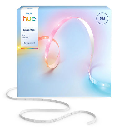 Philips Hue Essentiel LED-list 5 m i æske med gradientlys, "5 m" og farvegradient på emballagen.