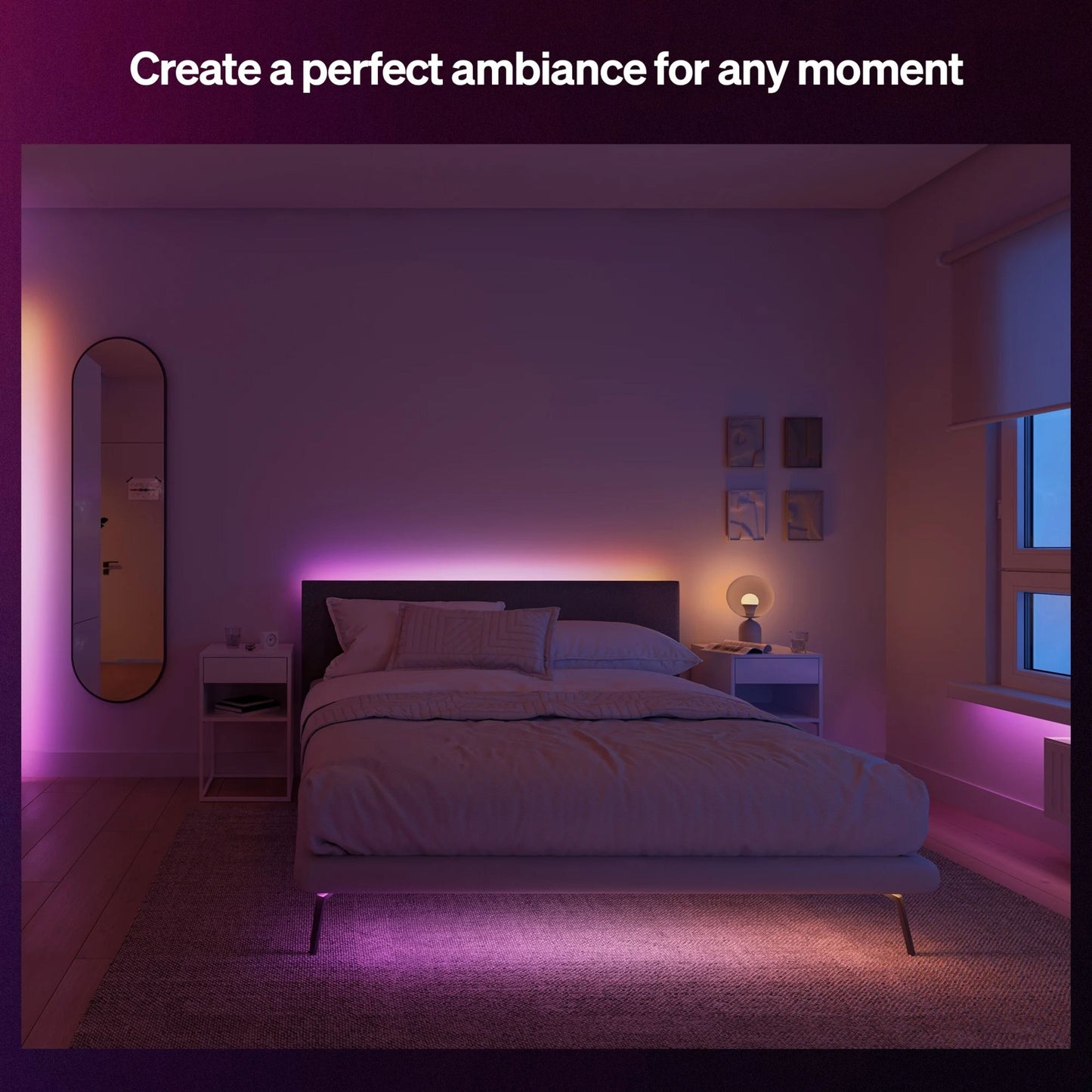 Philips Hue Essentiel LED-list 5m RGBIC gradient lys lilla og pink bag sengegavl og under seng teksten: Skab en perfekt stemning til ethvert øjeblik.