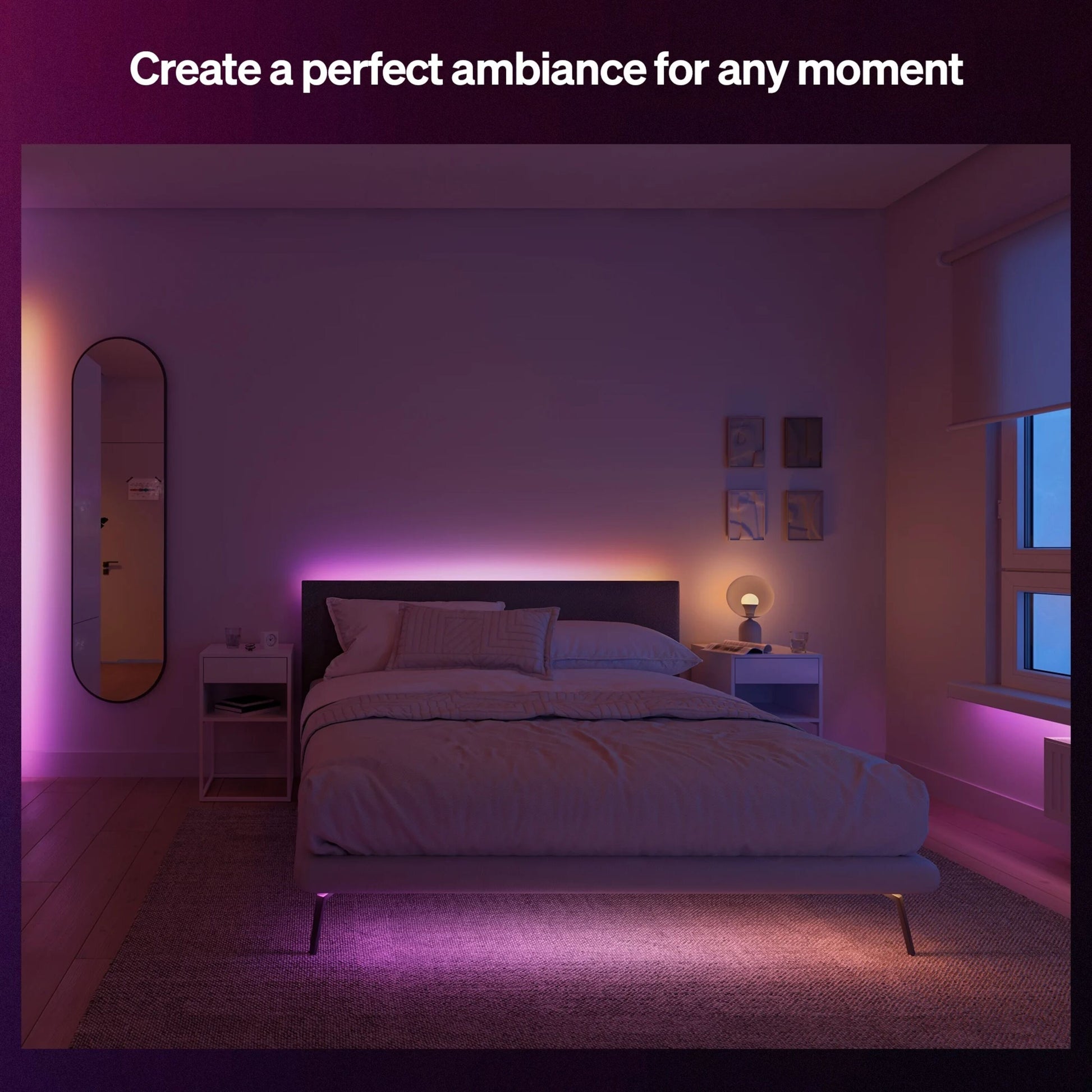 Philips Hue Essentiel LED-list 5m RGBIC gradient lys lilla og pink bag sengegavl og under seng teksten: Skab en perfekt stemning til ethvert øjeblik.