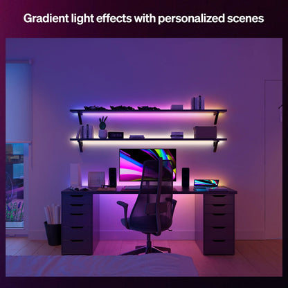 Philips Hue Essentiel LED-list 5 m, lilla/lyserød belysning under vægmonterede hylder, skærm med gradient lyseffekter.