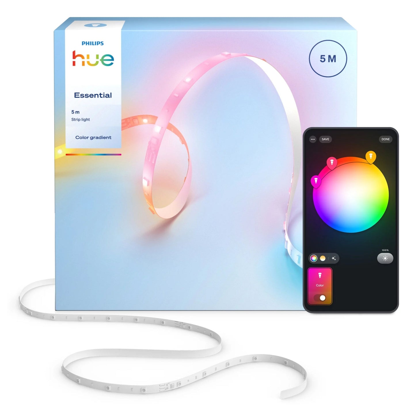 Philips Hue Essentiel LED-strip 5m, boks med LED-liste synlig og smartphone med farvevalg til smart belysning.