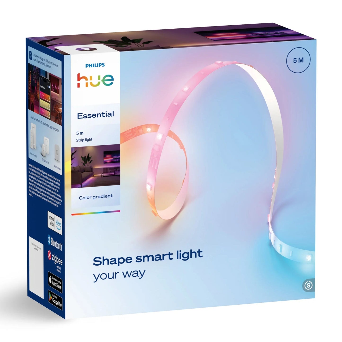 Philips Hue Essentiel LED-liste 5 m med RGBIC gradient, blå og lilla lysstribe, til smart belysning.