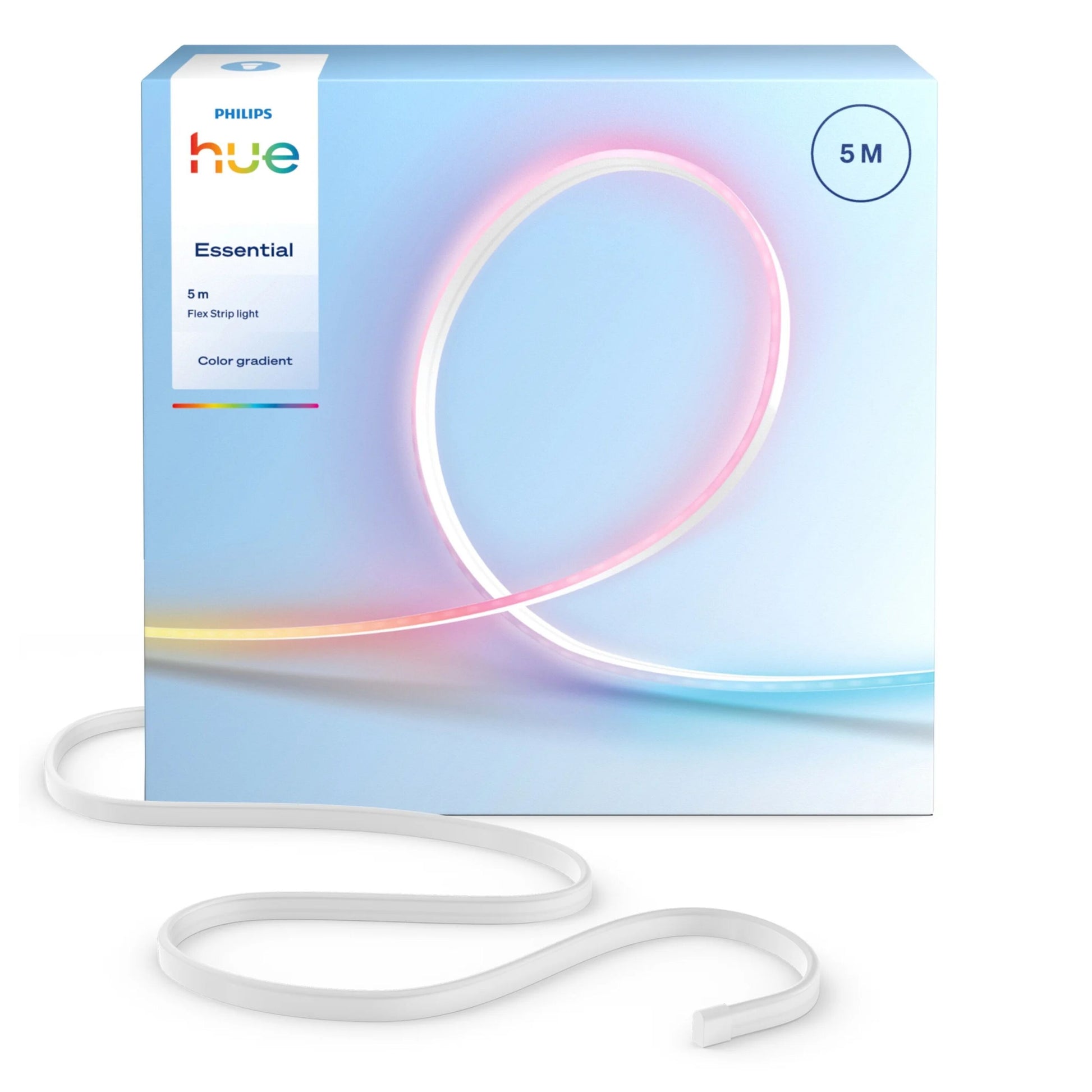 Philips Hue Essential Flex LED-strip 5 m, fleksibel RGBIC, foran lyseblå æske med gradientillustration.