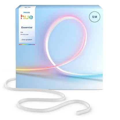 Philips Hue Essential Flex LED-strip 5 m, fleksibel RGBIC, foran lyseblå æske med gradientillustration.