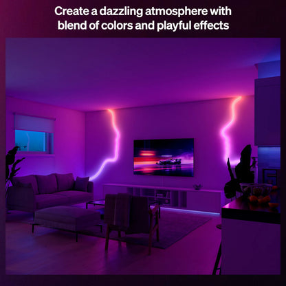 Philips Hue Essential Flex LED-list 5 m, pink og lilla zigzag på væg, synlig ved tv med racingscene.