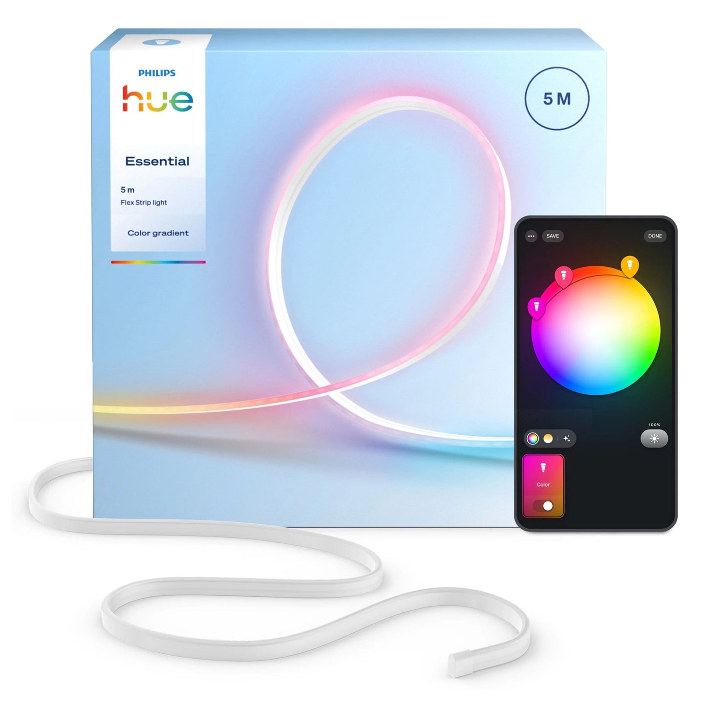Philips Hue Essential Flex LED-liste 5 m med æske og smartphone-app, der styrer dæmpbar RGBIC-belysning.
