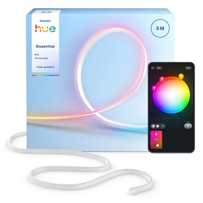 Philips Hue Essential Flex LED-liste 5 m med æske og smartphone-app, der styrer dæmpbar RGBIC-belysning.