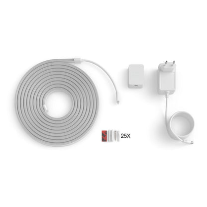 Philips Hue Essential Flex LED-list 5m, fleksibel RGBIC LED-strip, hvid controller, strømadapter, 25 clips.