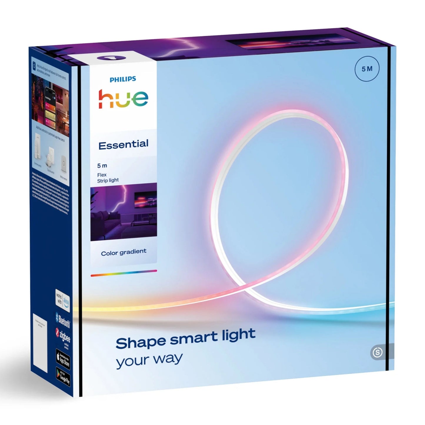 PhilipsHue Essential Flex LED-liste 5m, flerfarvet RGBIC, dimbar, med sloganet "Shape smart light your way" på æsken.