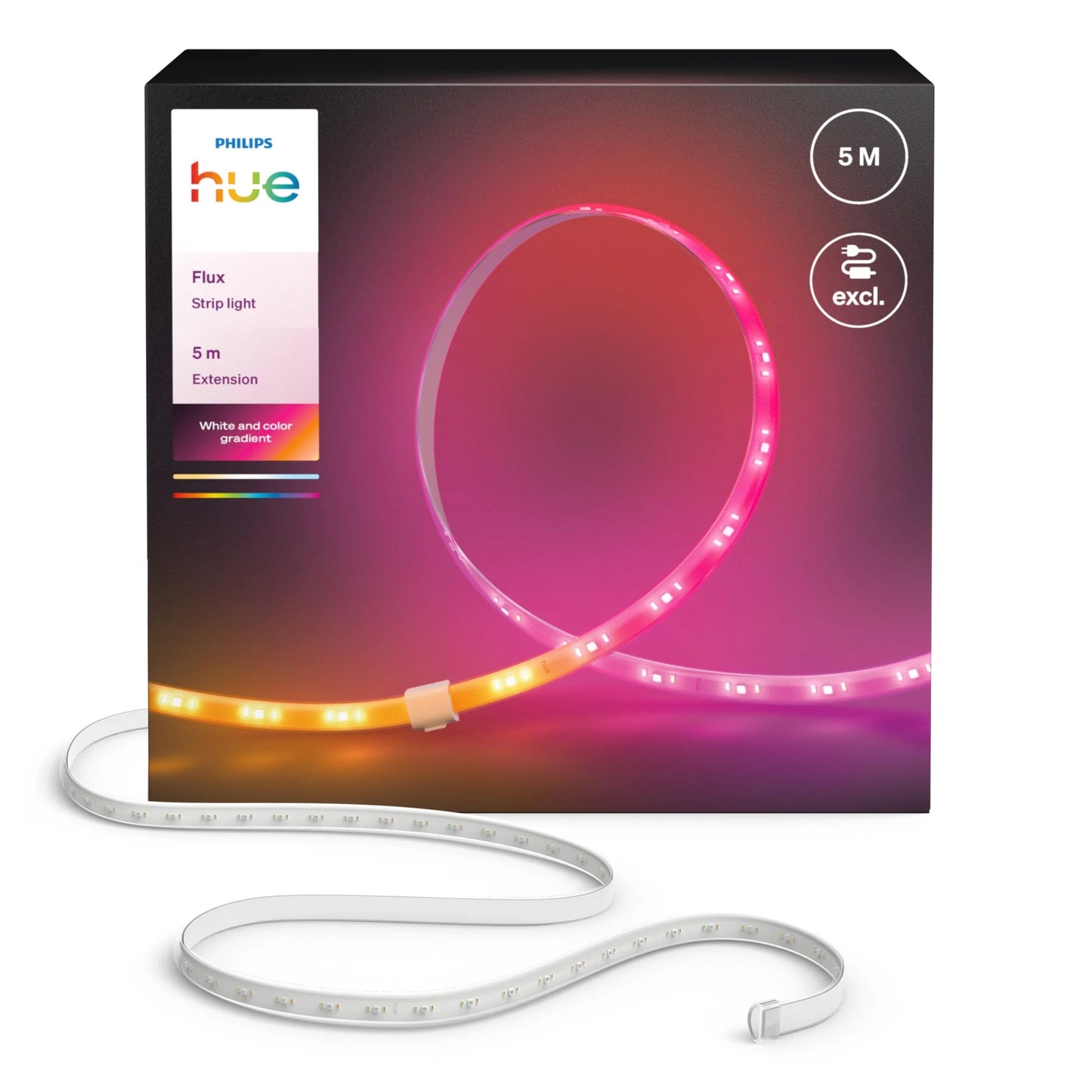Philips Hue Flux LED-lyskæde forlængelse 5 m Chromasync, synlig rulle foran æske og tydelige farveskift.