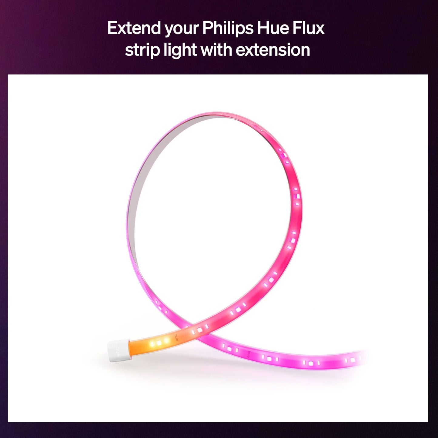 Philips Hue Flux LED-lyskæde forlængelse 5 m med gradient af pink, orange og hvid, tekst om udvidelse synlig ovenfor.