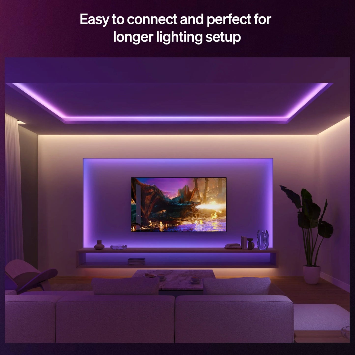 Philips Hue Flux LED-lyskæde forlængelse 5 m, lilla lys, monteret i loft og bag vægmonteret TV, tekst: Let at tilslutte.