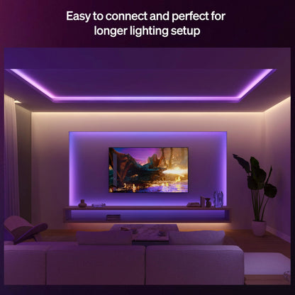 Philips Hue Flux LED-lyskæde forlængelse 5 m, lilla lys, monteret i loft og bag vægmonteret TV, tekst: Let at tilslutte.