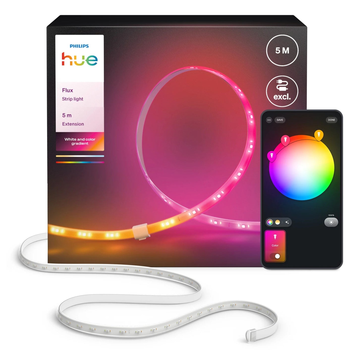 Philips Hue Flux LED-lyskæde forlængelse 5 m, farverig æske, coilet hvid striplight, smartphone med Hue app farvehjul.